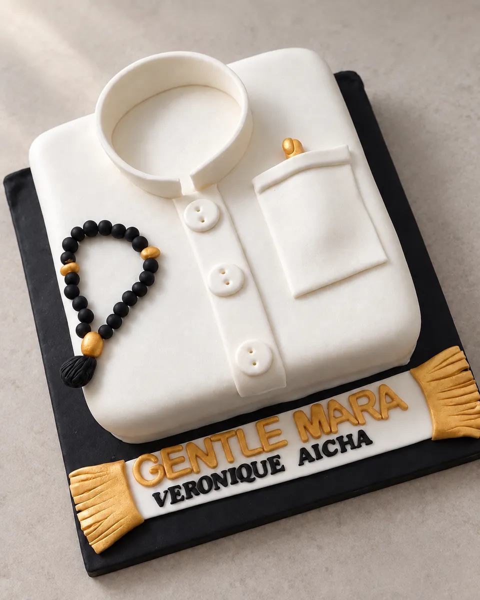 Cake sculpted as a white shirt, with prayer beads and a gold-trimmed scarf