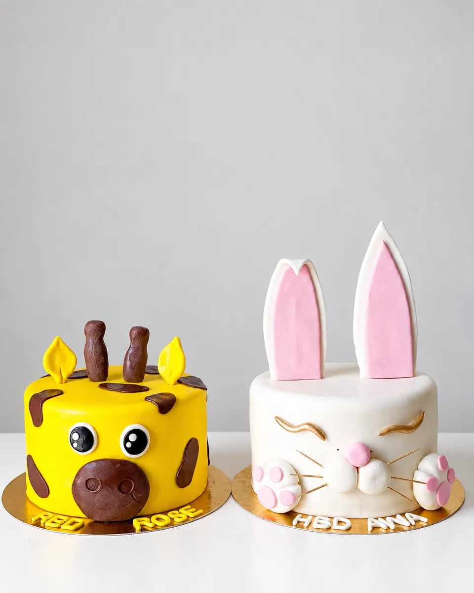 Two cakes side by side: a yellow giraffe and a white bunny with pink ears