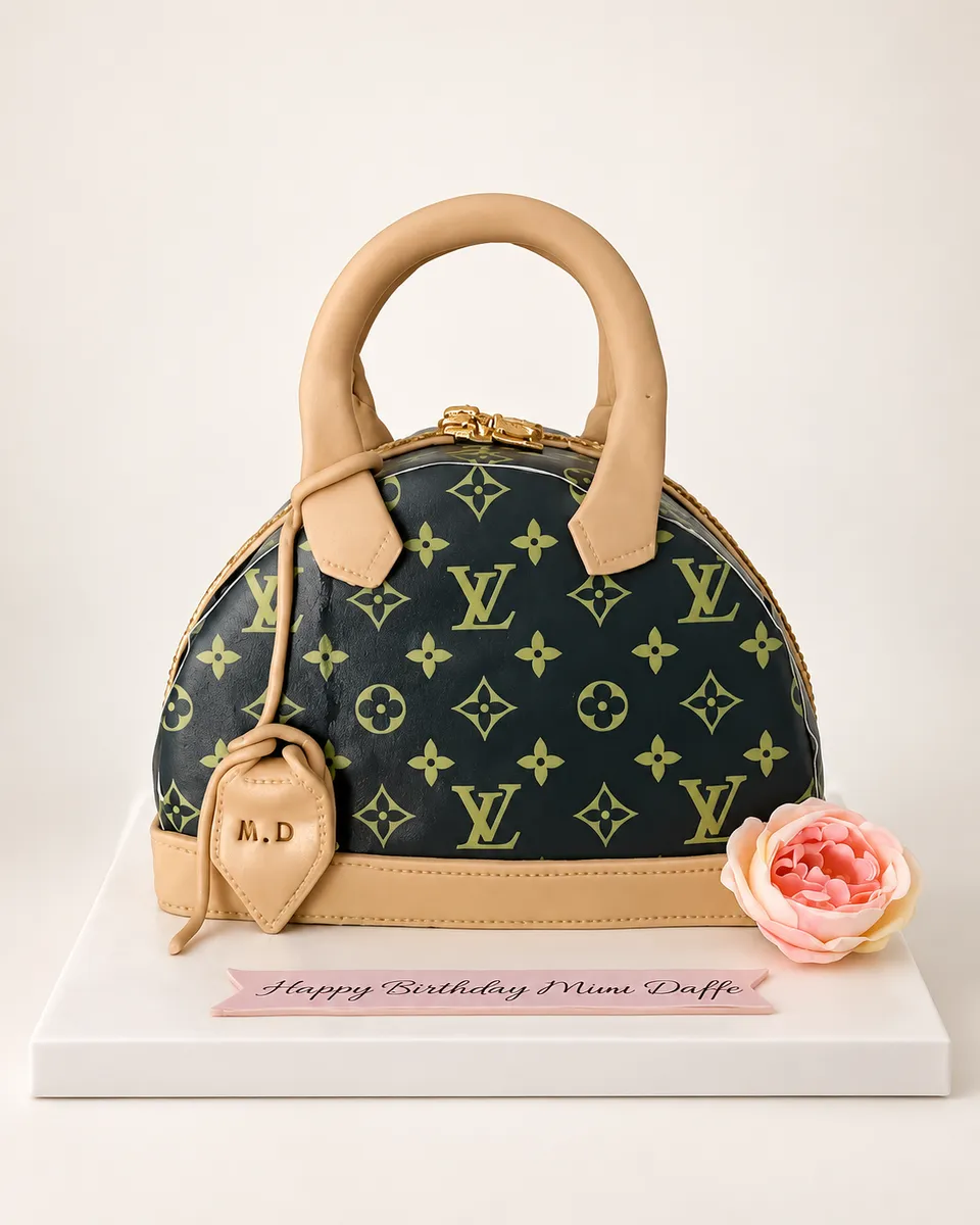 Cake sculpted as a designer handbag, with its padlock and a rose