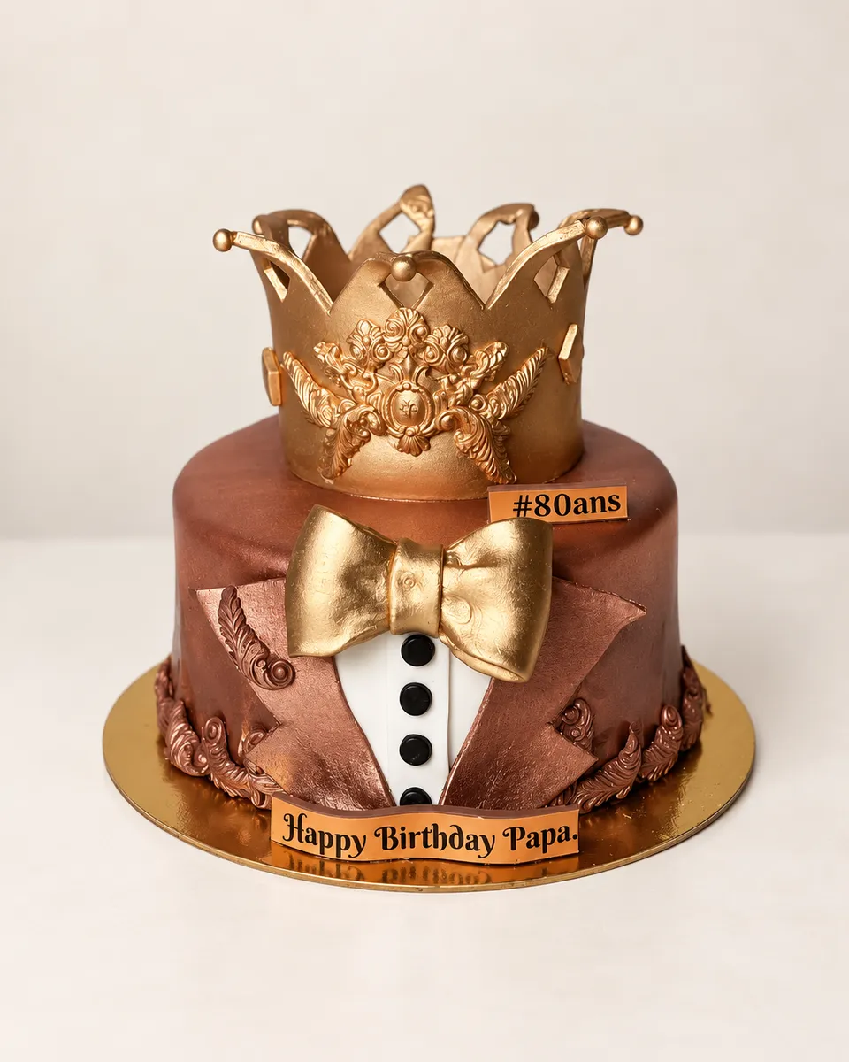 Rose-gold cake shaped as a tuxedo, with a gold bow tie and a crown