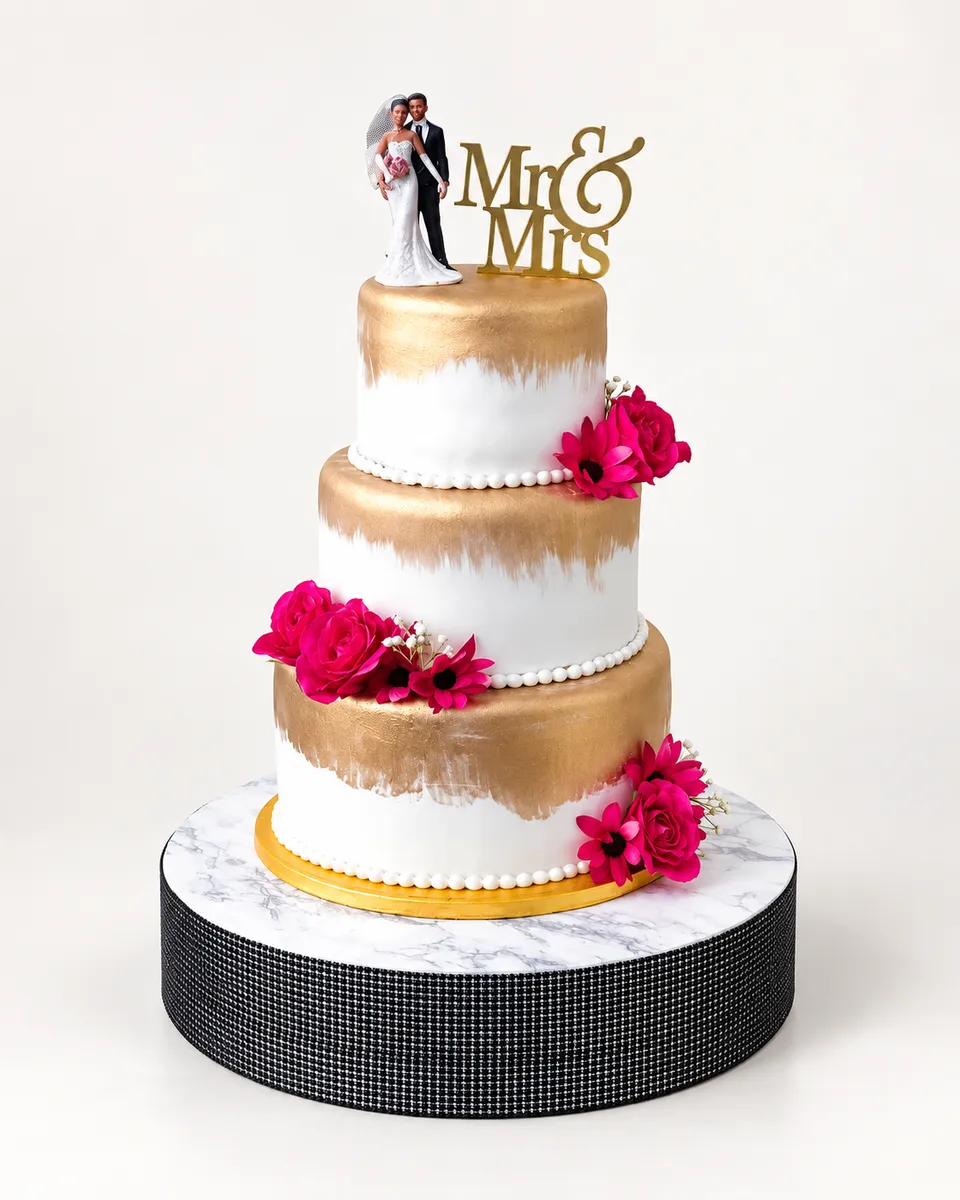 Three-tier cake in white and gold, with a bride-and-groom topper and red flowers