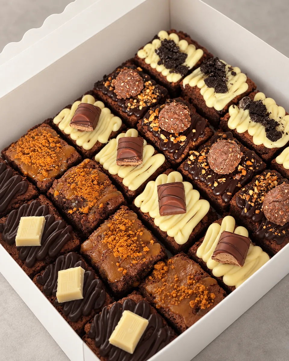 Box of assorted brownies topped with chocolates, pralines and cream