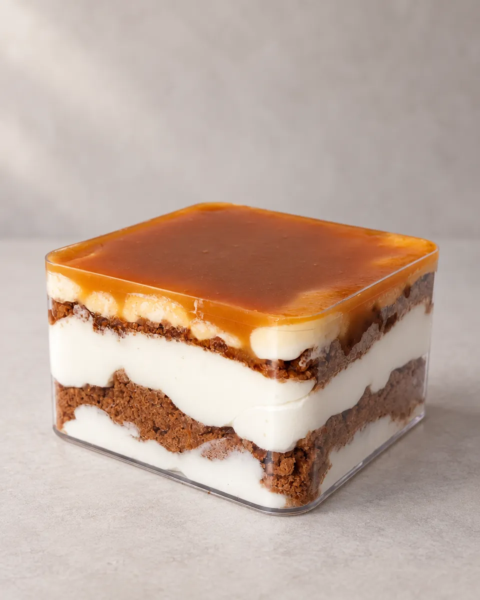 Square jar caramel dessert, layered with cream and sponge