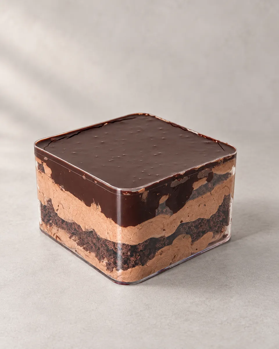 Square jar chocolate dessert, dark glaze over mousse and sponge