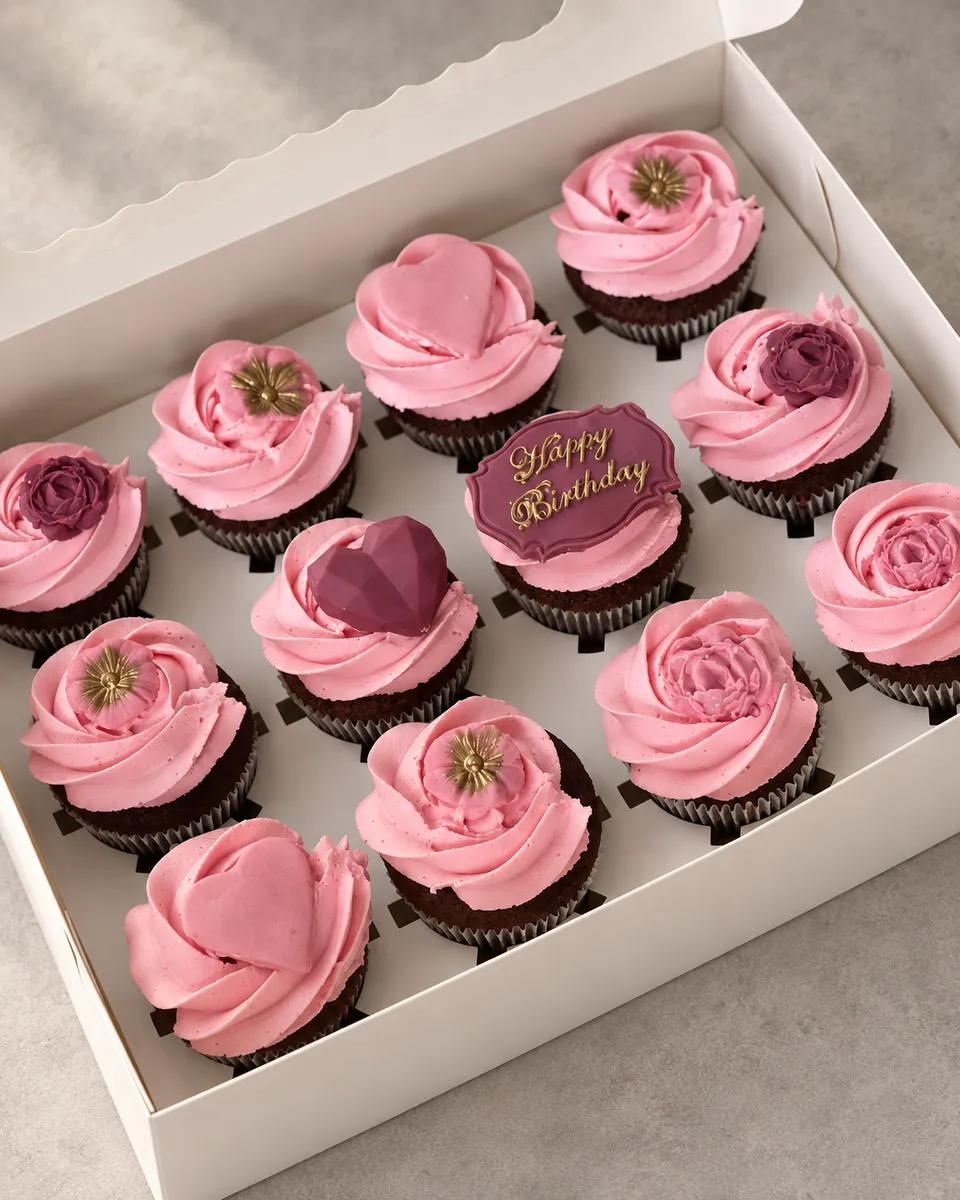 Box of twelve pink rosette cupcakes with gold accents and a birthday plaque