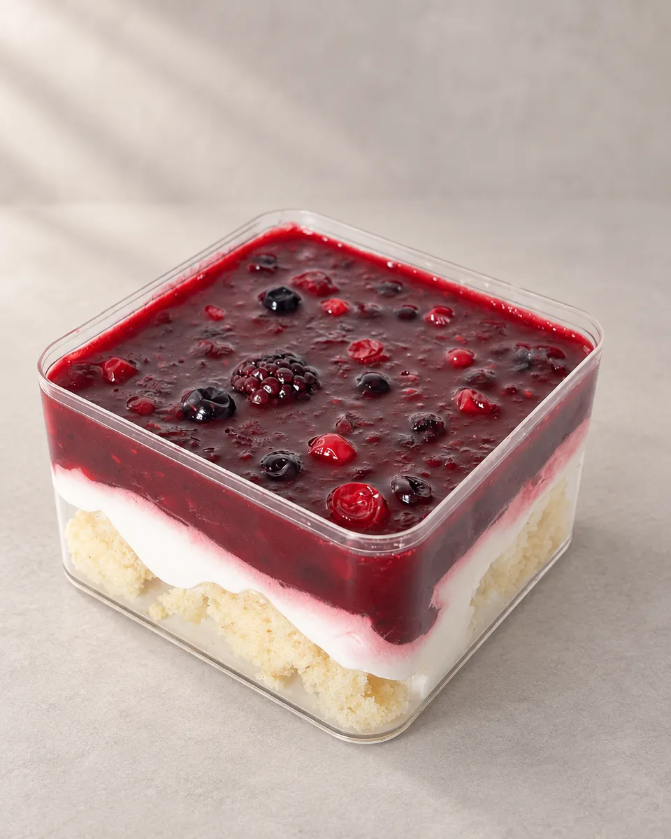 Square jar dessert with red fruits, over a layer of cream and sponge