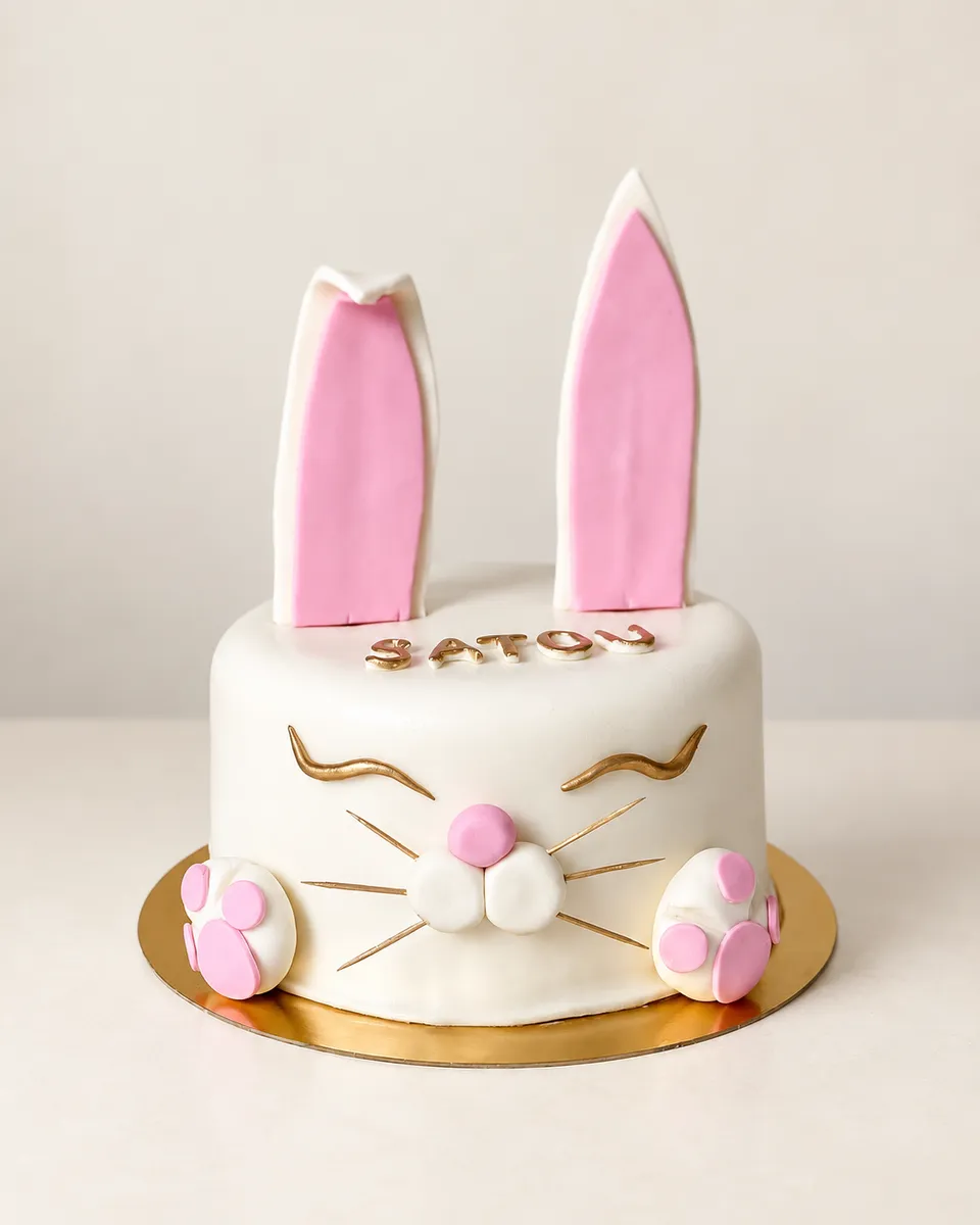 White cake shaped as a bunny's face, with long pink ears and golden whiskers