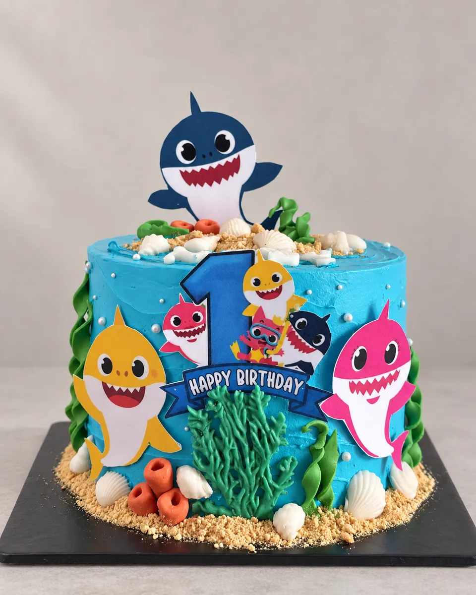 Blue Baby Shark cake with the characters, seaweed and shells