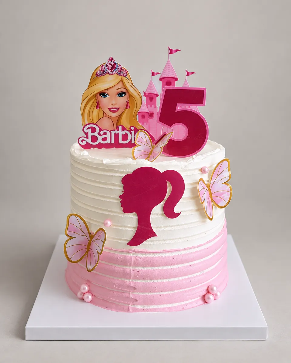 Two-tier Barbie-themed cake, white on top and pink ombre below, with butterflies