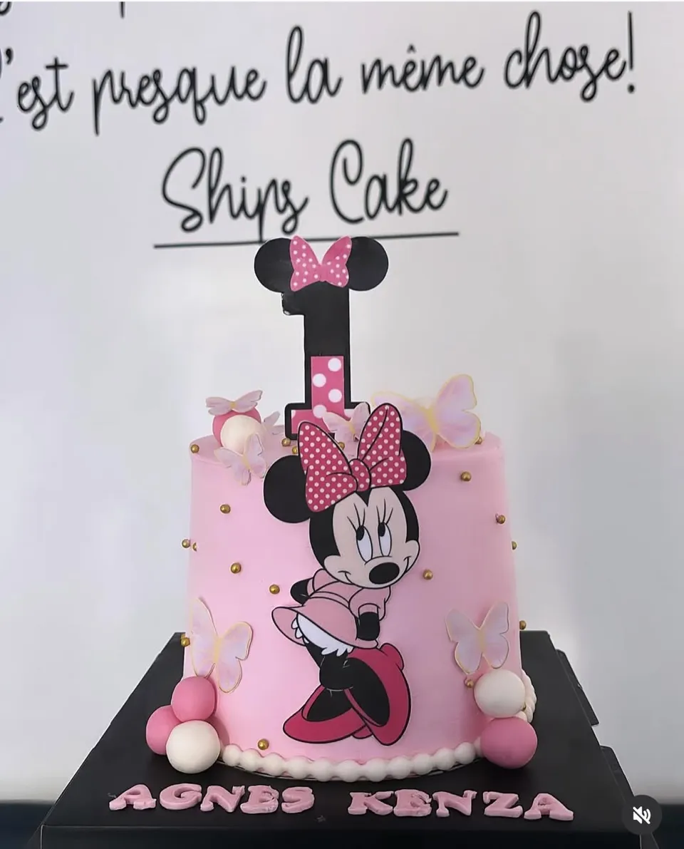 Pink cake decorated with Minnie, a polka-dot bow, butterflies and gold pearls