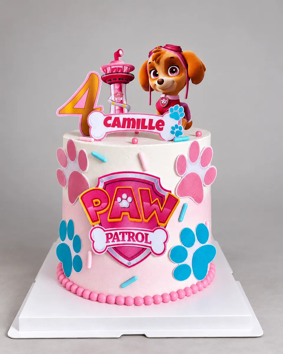 Pink Paw Patrol cake with the badge, paw prints and the number 4