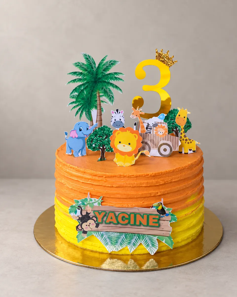 Orange and yellow safari cake with a palm tree and savannah animals