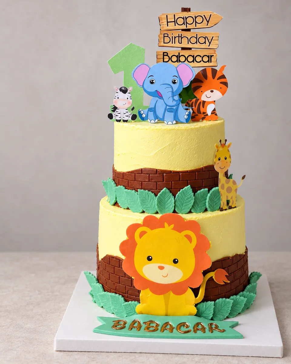 Two-tier safari cake in yellow and brown, with a lion, elephant, zebra and giraffe