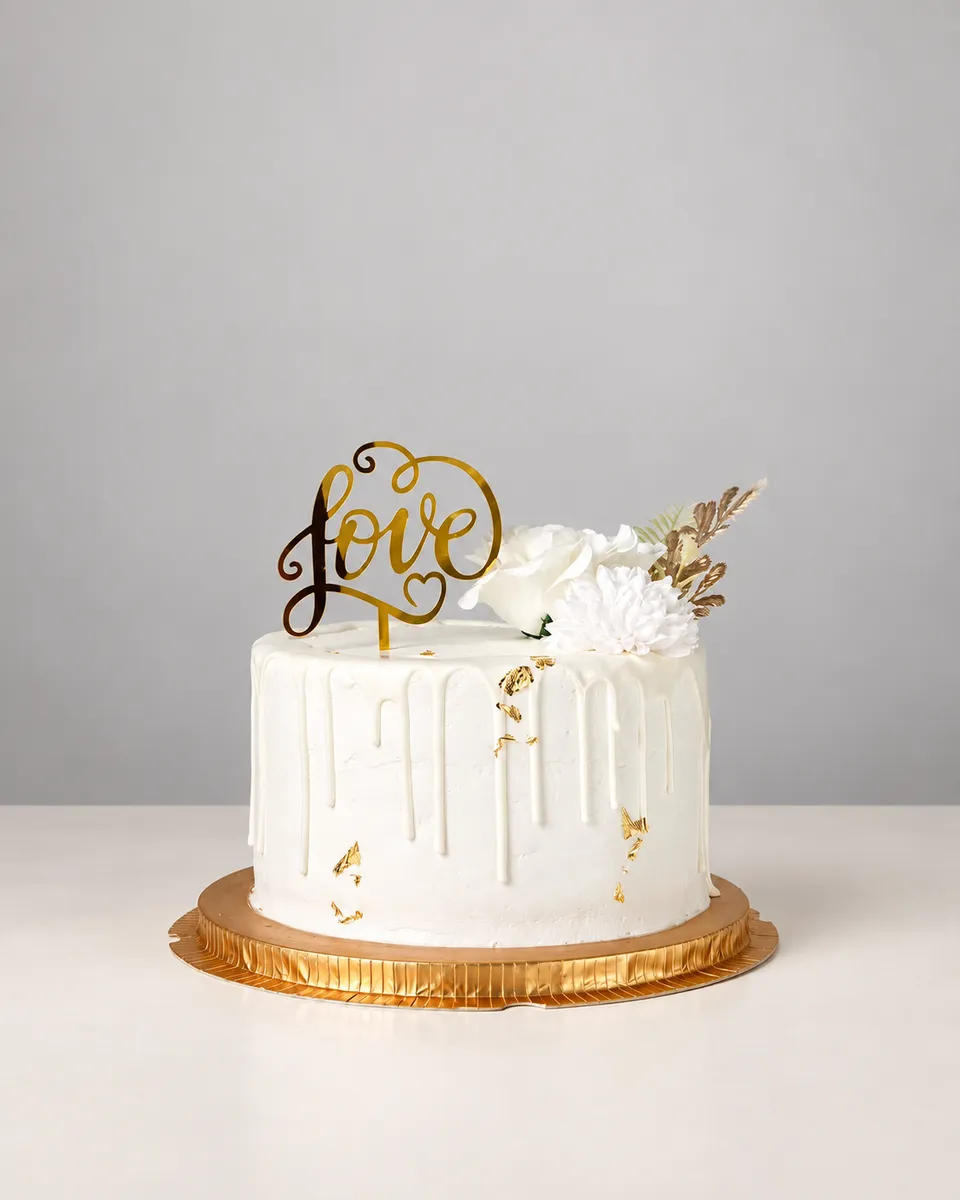 White drip cake topped with the word love in gold lettering, white roses and gold leaf