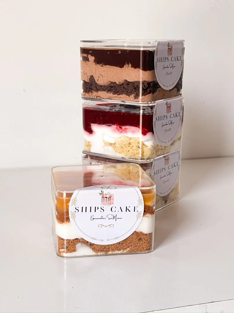 Stacked individual dessert cups labelled Ships Cake